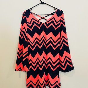 CORAL PINK AND BLUEE BELL SLEEVE DRESS